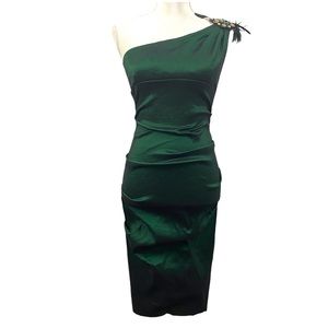 Xscape By Joanna Chen Emerald Green Feather Shoulder Midi Cocktail Dress